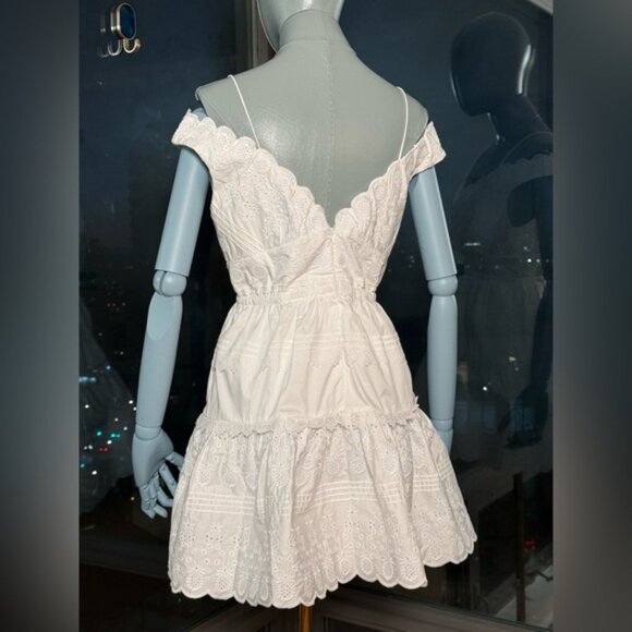 🆕 SELF-PORTRAIT 🧿 NWOT White Scallop Edge Off-Shoulder Mini Dress Sz UK12 US 8 - Picture 7 of 13